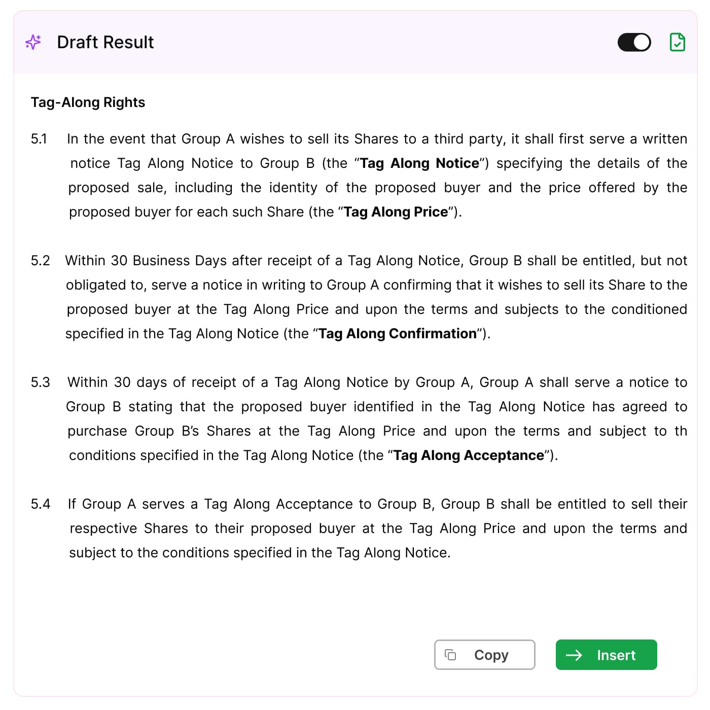 Screenshot of the Draft feature in the Sonar Legal Add-In