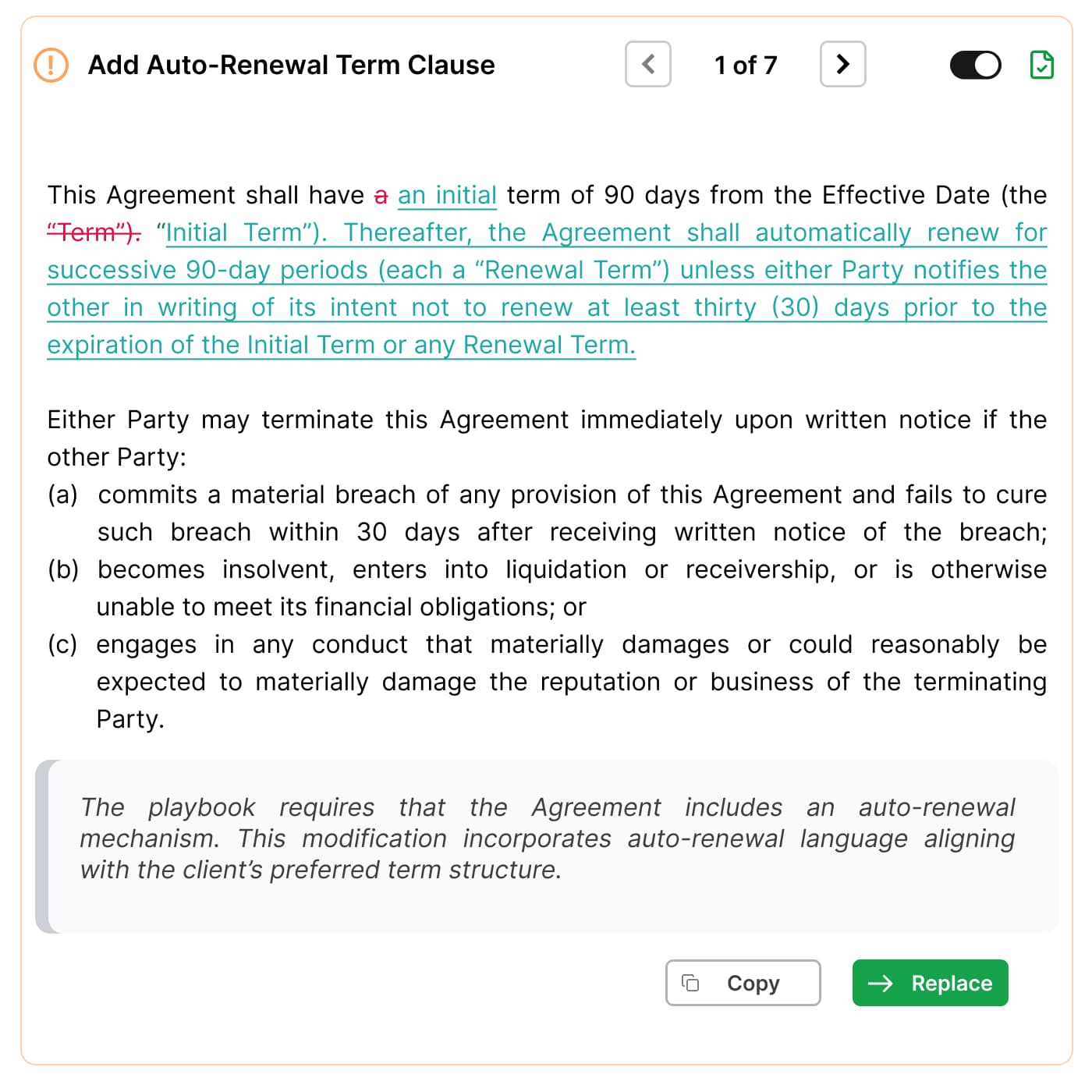 Screenshot of the Review feature in the Sonar Legal Add-In
